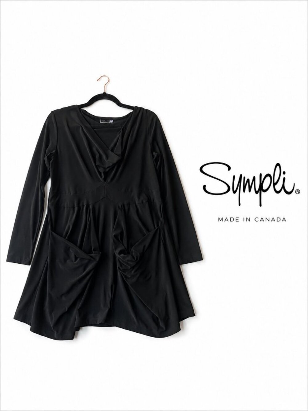 Sympli Black Draped Tunic Top Made in Canada Size 14
